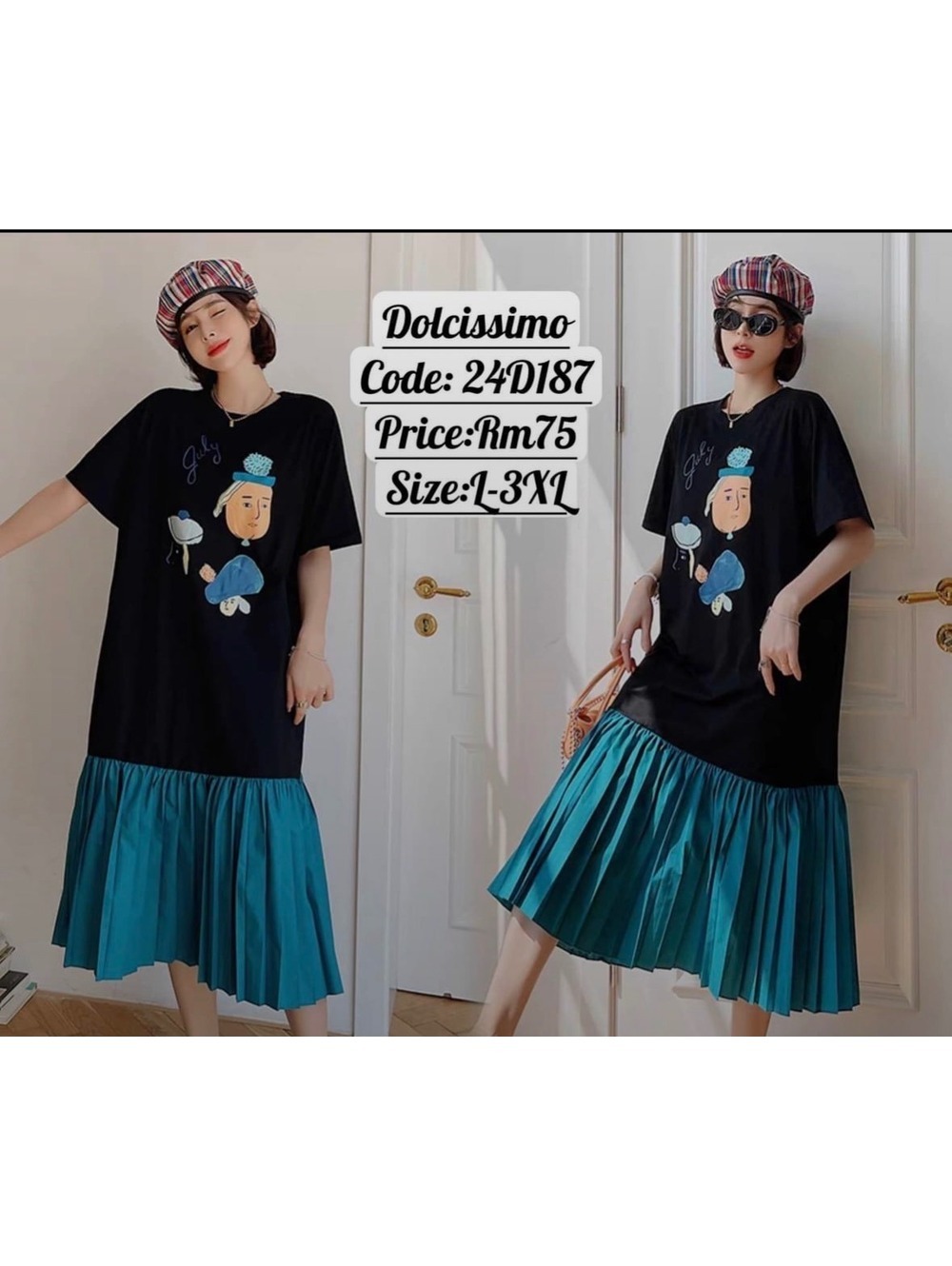 YLILI Black Graphic T Shirt Dress Pleated Teal Hem Short Sleeve Women’s Size M